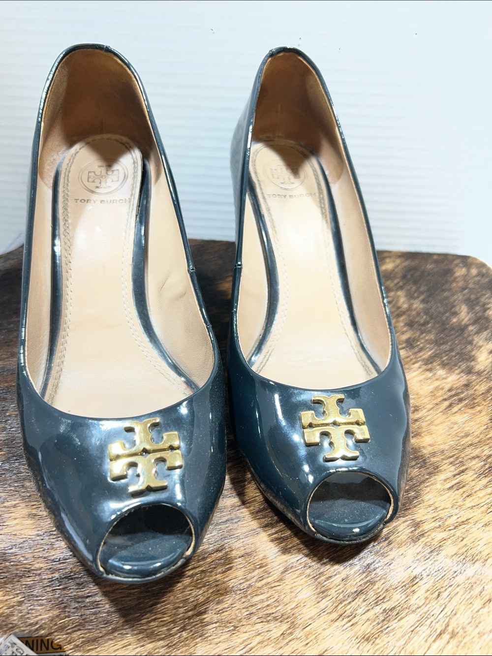 Tory Burch Navy Patent Peep-Toe Wedge Heels with Gold Logo. #0008
